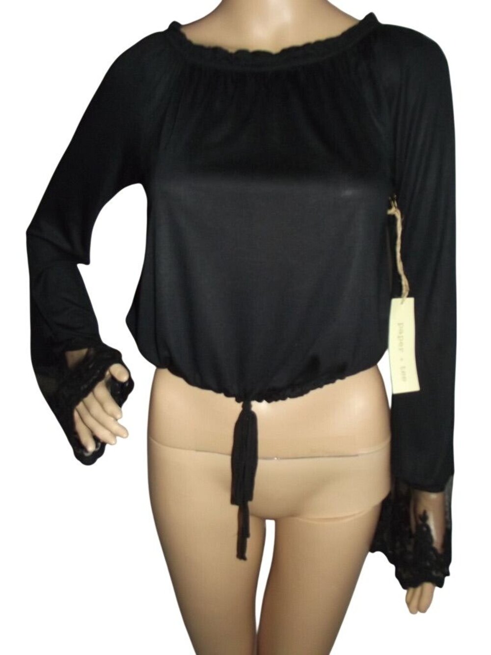 Paper + Tee Blouse Womens XS Black Crop Long Bell Lace Sleeve Whimsigoth Fairy